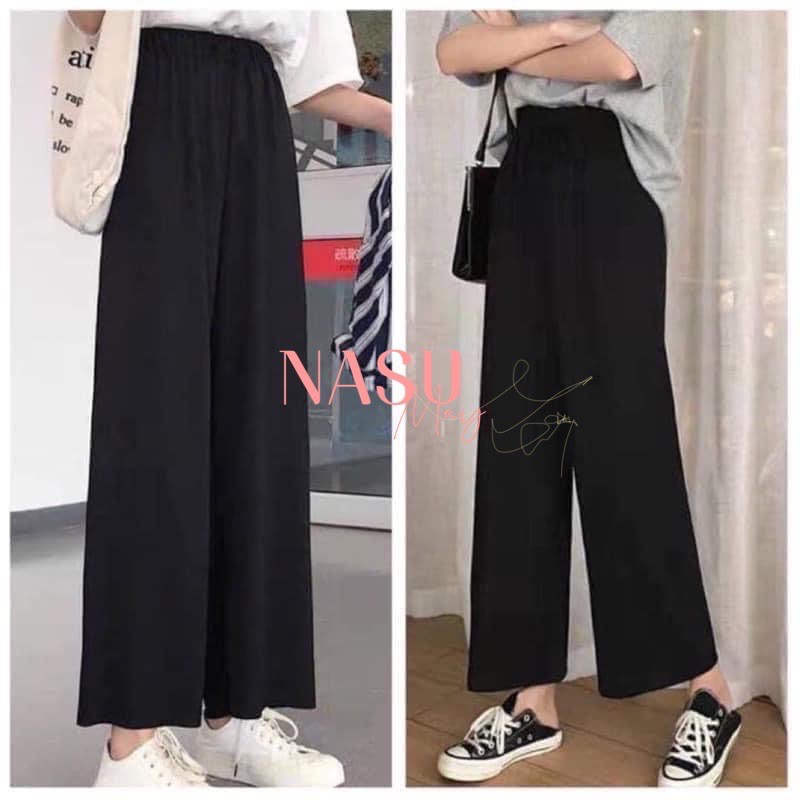 Women's Fabric Cullotes Wide Leg Pants High Waist Long Straight Black