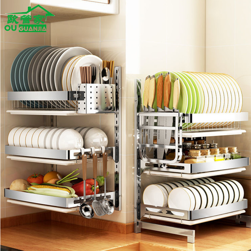 Dish Rack Stainless Steel Strong And Durable Hollow Drain Tableware Rack Multi layer High Load bearing Adjustable Kitchen Rack Wall mounted