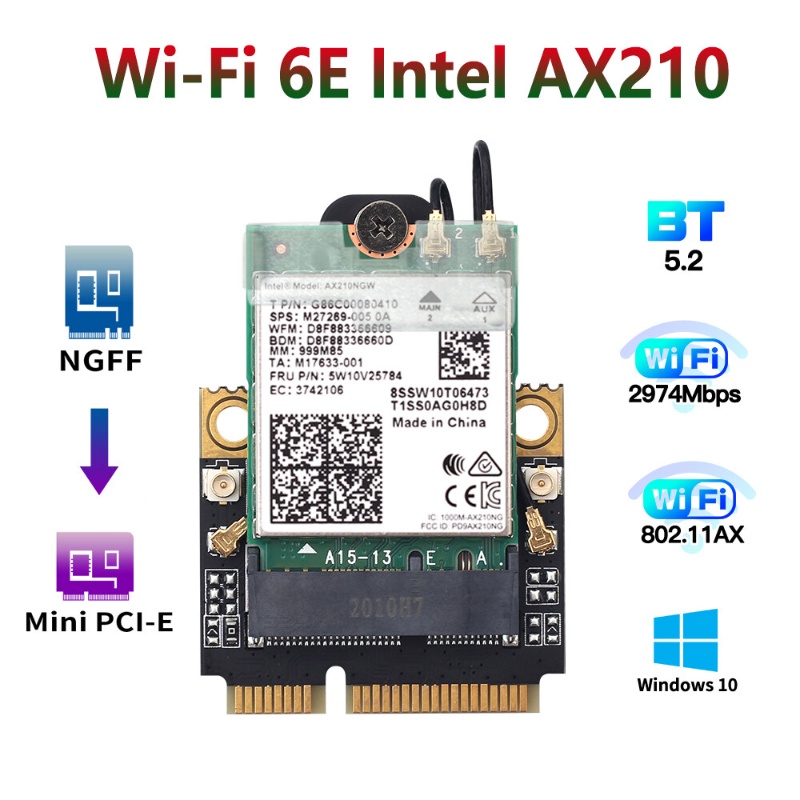 Wireless Mini PCI-E Wi-Fi 6E Intel AX210 Adapter Kit 2974Mbps Bluetooth ...