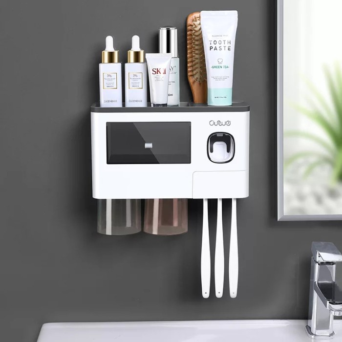 Toothbrush Dispenser Rack Toothpaste Soap Bottle Glass 2 Cups - Black ...