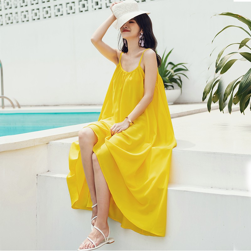 Shesmile Casual Holiday Beach Dresses Women Summer Loose Chiffon Maxi Dress  Long Yellow | Shopee Singapore
