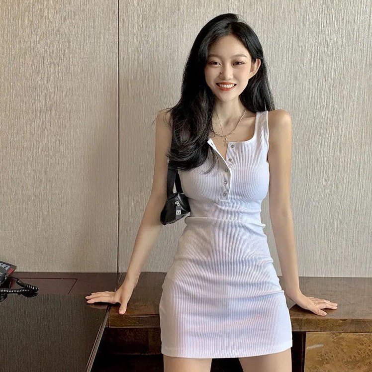 White dress women korean style temperament sleeveless strap dress sexy midi  party petite dresses for ladies 女装 连衣裙
