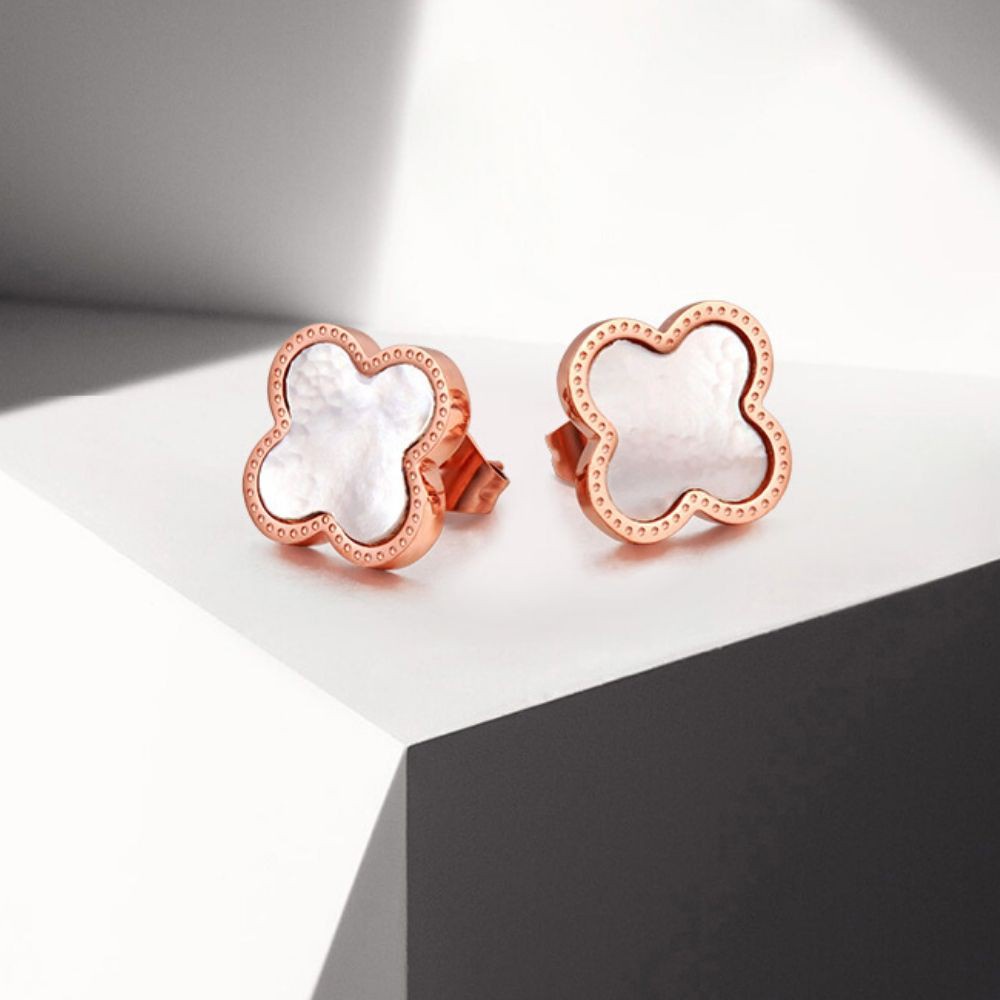CELOVIS Adele Four Leaf Clover with Mother Pearl Inlay in Rose Gold Stud  Earrings ( White/ Black )