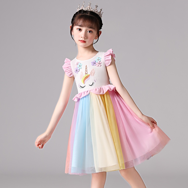 Girls' Princess Dress Children's Day Birthday Party Sweet Style Unicorn  Rainbow Dresses 2932 | Shopee Singapore
