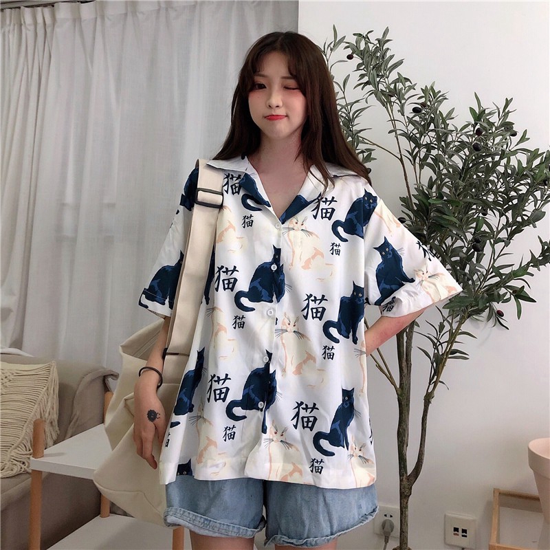 Personalized cat print loose wild shirt，cheap borong of Koreanfashion women's clothing readystock