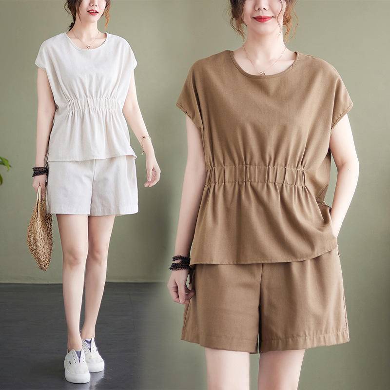[Ready Stock] Cotton Linen Two-Piece Suit 2022 Summer Solid Color Loose Slimmer Look Short-Sleeved Top VS Shorts Women's Clothing