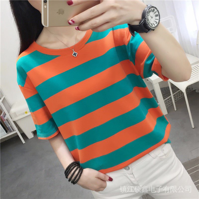 Short-Sleeved Top T-Shirt Women's Half-Sleeved 2022 Trendy ins Korean Style Western Style Hong Kong Striped Hyuna Clothing
