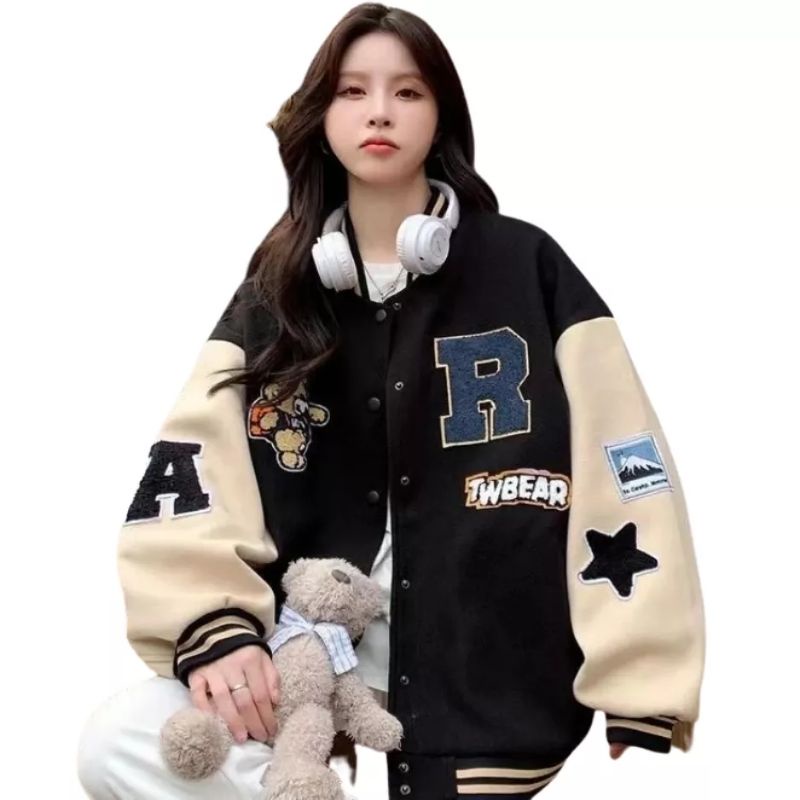 R TW BEAR BASEBALL JACKET VARSITY KOREAN STYLE OUTERWEAR TEENAGER UNISEX  WOMEN MEN VARSITY BASEBALL JACKET LETTER INITIAL R OVERSIZE