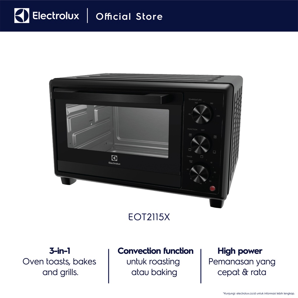 Electrolux FreeStanding Oven 21 L Oven 3-in-1: Untuk memanggang Roti, Baking , Grill, Convection High Power  & Timer Yang Presisi Panas Oven merata dan presisi Api Atas Bawah Free Removable crumb tray, Grill rack, Baking tray, Tray lifter EOT2115X - Gambar 4