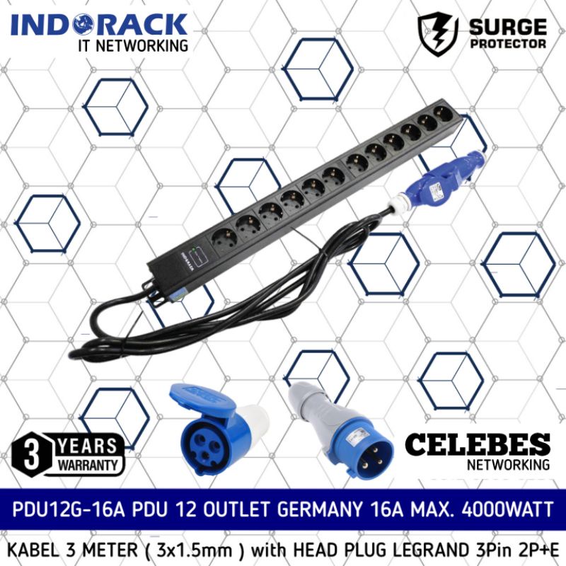 Pdu12g16l PDU INDORACK 12 Outlet 16A Legrand Head Plug 3Pin 2P+E