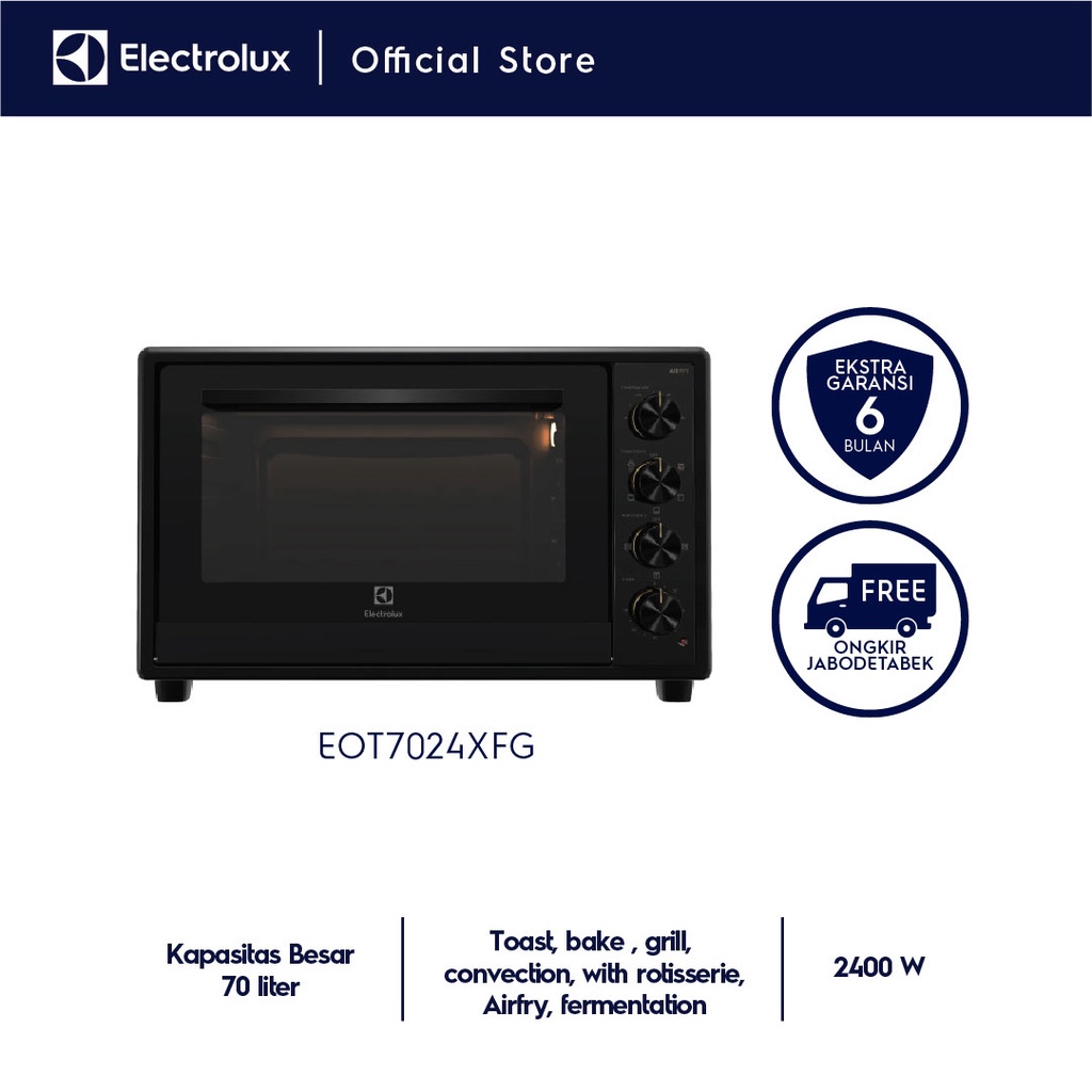 Electrolux FreeStanding Oven 70 L Oven 5-in-1: panggang Roti Convection Baking Grill Rotisserie AirFry Double thermostat Panas merata dan presisi 2 layer kaca pintu aman dari luar  Api Atas Bawah EOT7024XFG High Power Timer Presisi - Gambar 2