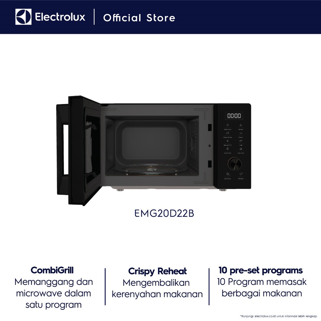 Electrolux Microwave 20L Microwave 8-in-1 : Quick Cook, Reheat, Simmer, Defrost, Melting, Combi Grill, Auto cook Crispy Reheat: Hangatkan Makanan hasil renyah dan lezat Free Grill Rack, Turntable rack Flexible Power : Heating Start 800 W   EMG20D22B - Gambar 4