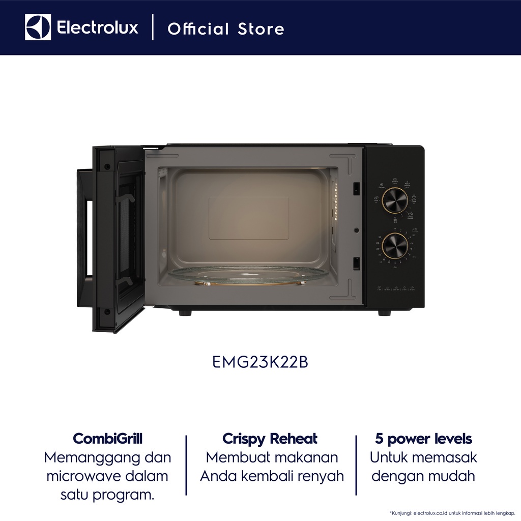 Electrolux Microwave 23L Microwave 8-in-1 : Quick Cook, Reheat, Simmer, Defrost, Melting, Combi Grill, Auto cook Crispy Reheat: Hangatkan Makanan hasil renyah dan lezat Free Grill Rack, Turntable rack Flexible Power : Heating Start 800 W   EMG23K22B - Gambar 2