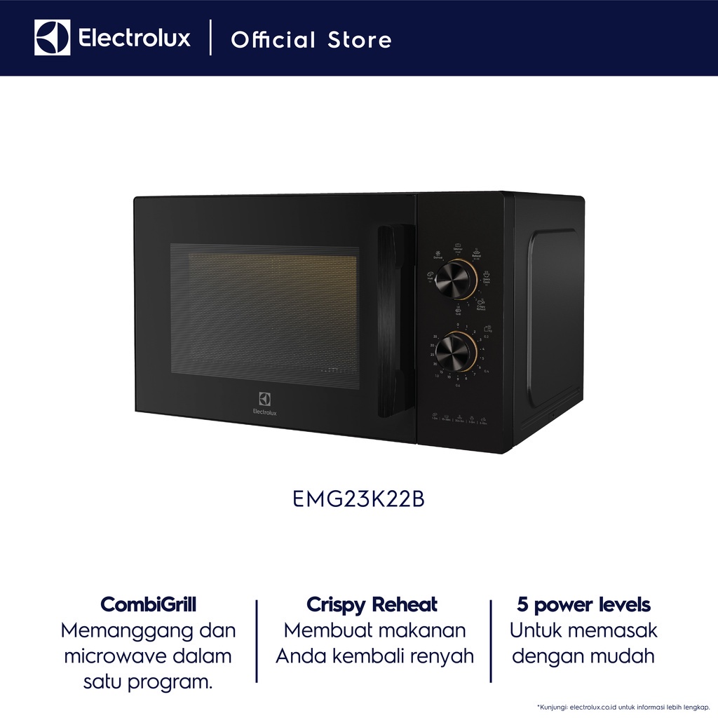 Electrolux Microwave 23L Microwave 8-in-1 : Quick Cook, Reheat, Simmer, Defrost, Melting, Combi Grill, Auto cook Crispy Reheat: Hangatkan Makanan hasil renyah dan lezat Free Grill Rack, Turntable rack Flexible Power : Heating Start 800 W   EMG23K22B - Gambar 4