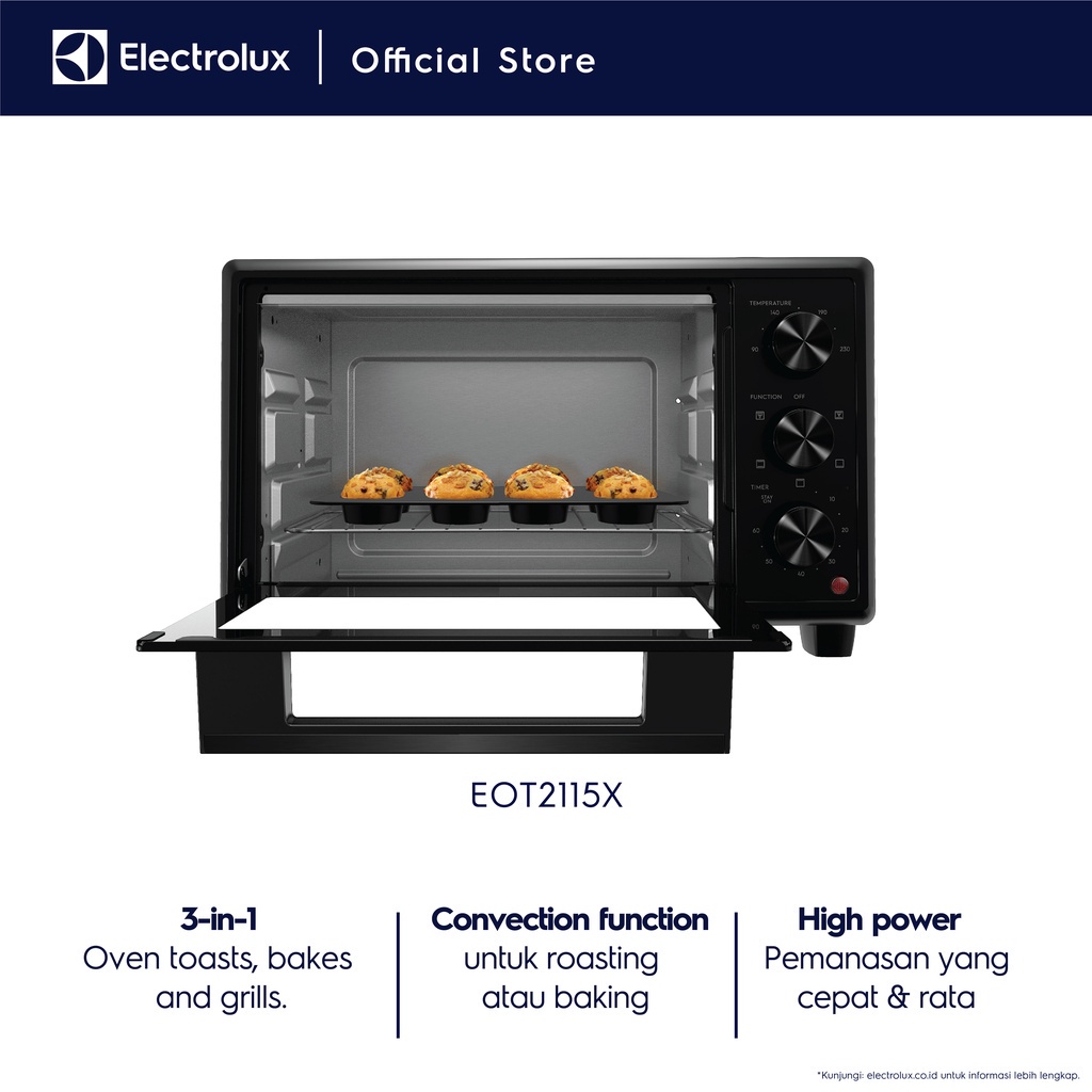Electrolux FreeStanding Oven 21 L Oven 3-in-1: Untuk memanggang Roti, Baking , Grill, Convection High Power  & Timer Yang Presisi Panas Oven merata dan presisi Api Atas Bawah Free Removable crumb tray, Grill rack, Baking tray, Tray lifter EOT2115X - Gambar 3