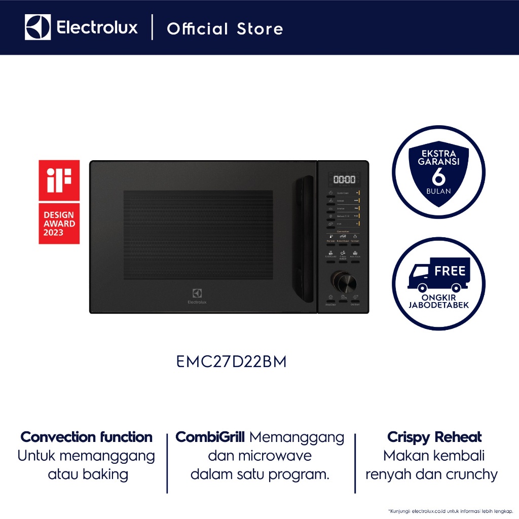 Electrolux Microwave 27L Microwave 11-in-1 : Convection, Quick Cook, Reheat, Simmer, Defrost, Melting, Combi Grill, Cripy Reheat,Auto Cook, Bake&Roast,Pre-heat Flexible Power Slow Cook Fungsi Fermentasi free aksesoris kukus  EMC27D22BM - Gambar 3