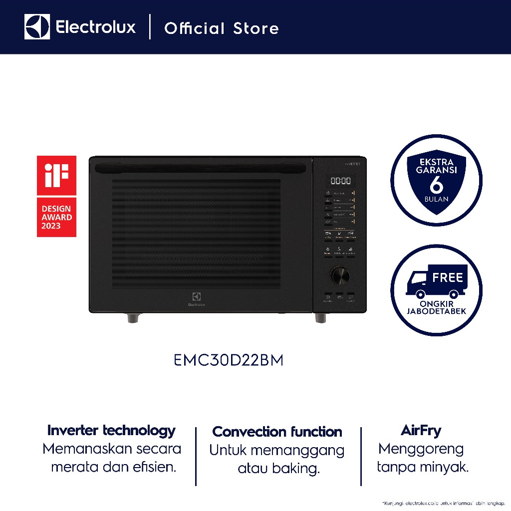 Electrolux Microwave 30L Microwave 12-in-1 :Convection, Steam, Quick Cook, Reheat, Simmer, Defrost, Melting, Combi Grill, Auto Cook, Airfry, Pembersihan otomatis Inverter Hemat Listrik Bake & Roast free aksesoris kukus  EMC30D22BM - Gambar 2