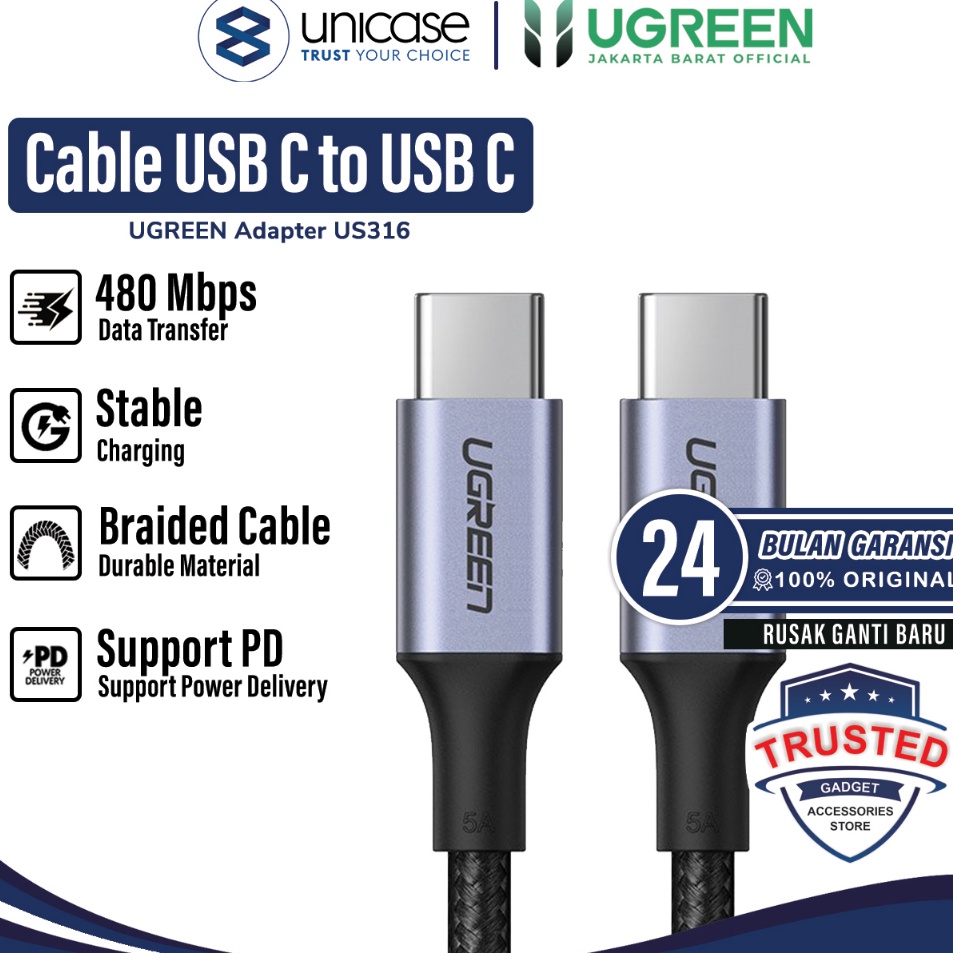 Ready Cable Data USB Type C to Type C UGREEN US316 Braided PD 100W Fast ...