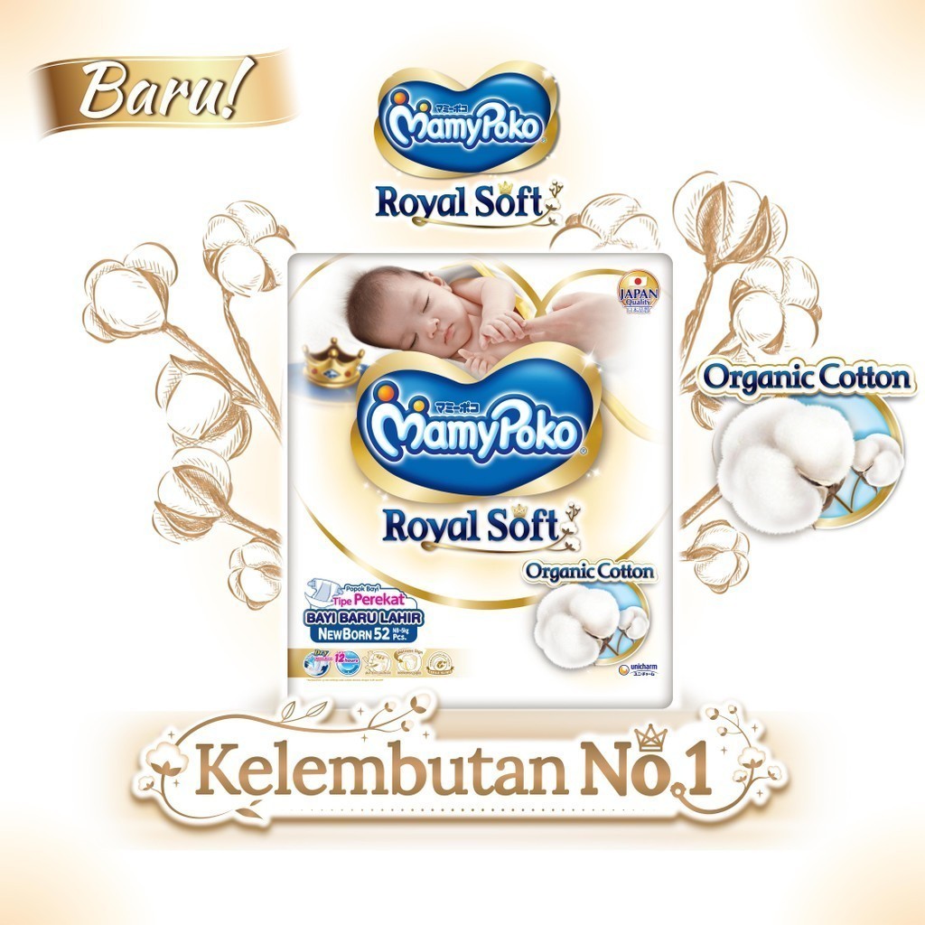 MamyPoko Royal Soft Organic Cotton - M 72 - Popok Tape - Gambar 2