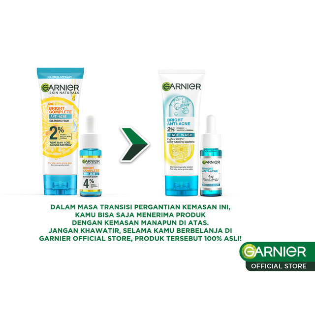 Garnier Bright Complete Anti Acne Starter Kit Serum 15 ml + Foam 100 ml - Skincare Jerawat Vitamin C - Gambar 2