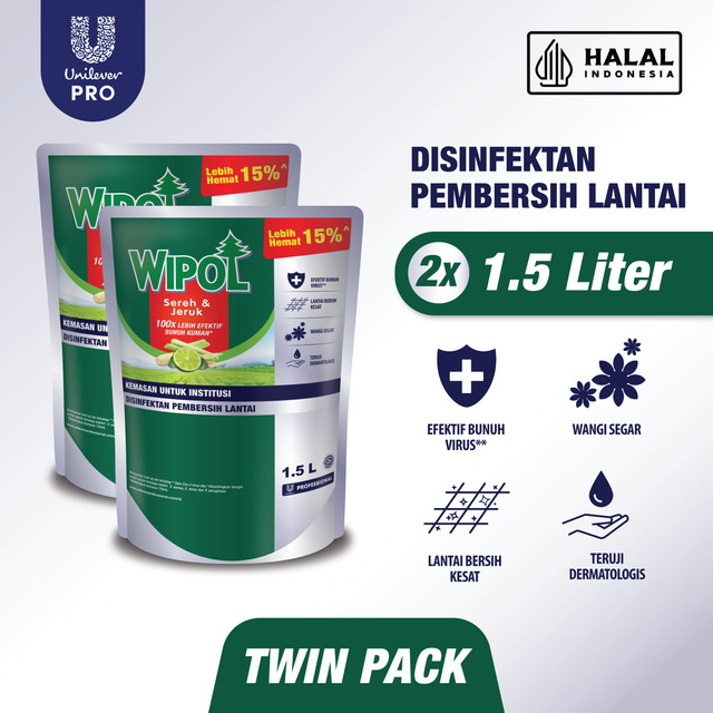 Wipol Professional Disinfektan Pembersih Lantai Sereh Jeruk 1.5 L Pouch x2