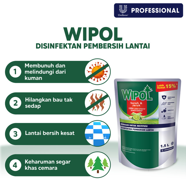 Wipol Professional Disinfektan Pembersih Lantai Sereh Jeruk 1.5 L Pouch x2 - Gambar 3