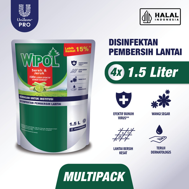 Wipol Professional Disinfektan Pembersih Lantai Sereh Jeruk 1.5 L Pouch x4
