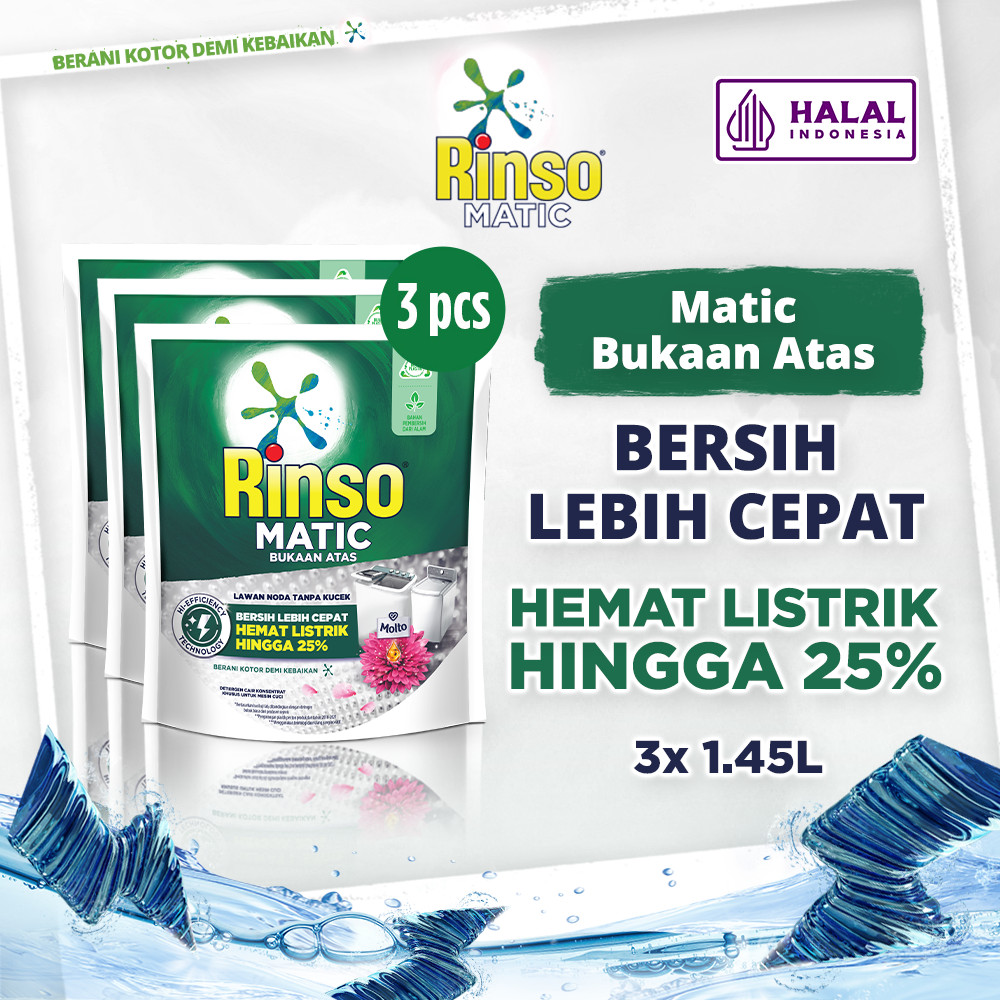 Rinso Detergent Cair Konsentrat Deterjen Matic Mesin Cuci Bukaan Atas 1.45 L x3