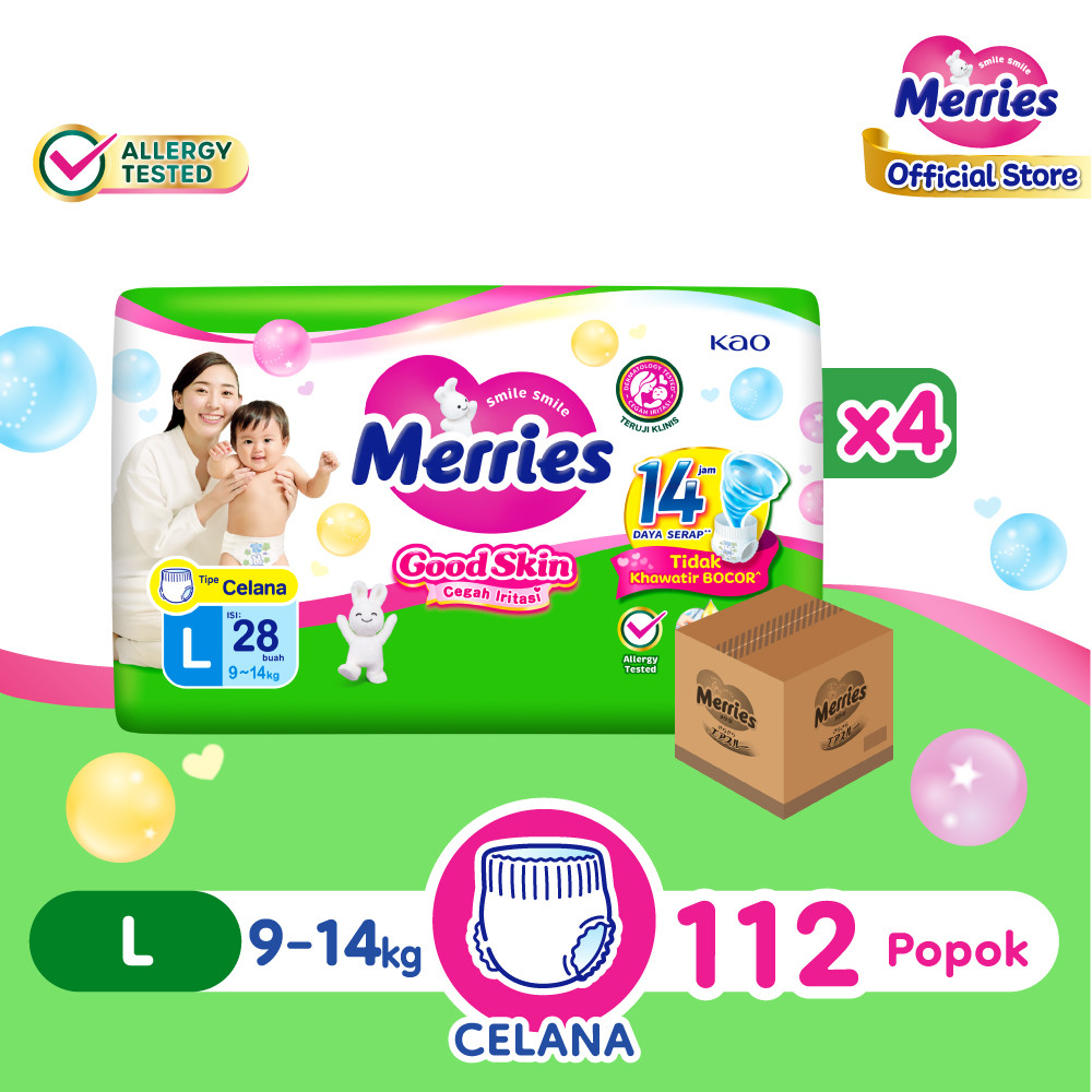 Merries Good Skin Pants Popok Perlengkapan Bayi L(9 - 14)kg Kurangi Risiko Alergi Pada Kulit Bayi Isi 28 Buah Carton