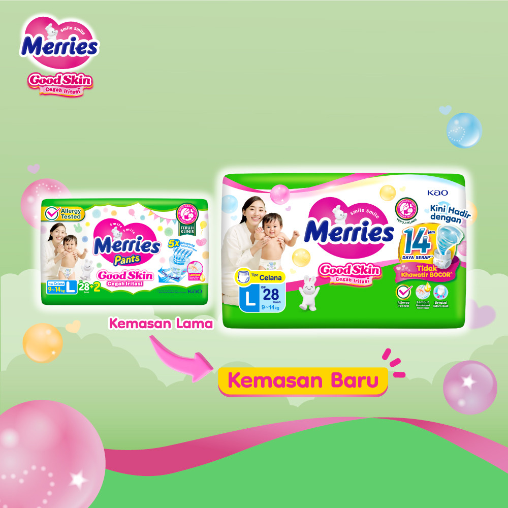 Merries Good Skin Pants Popok Perlengkapan Bayi L(9 - 14)kg Kurangi Risiko Alergi Pada Kulit Bayi Isi 28 Buah Carton - Gambar 2