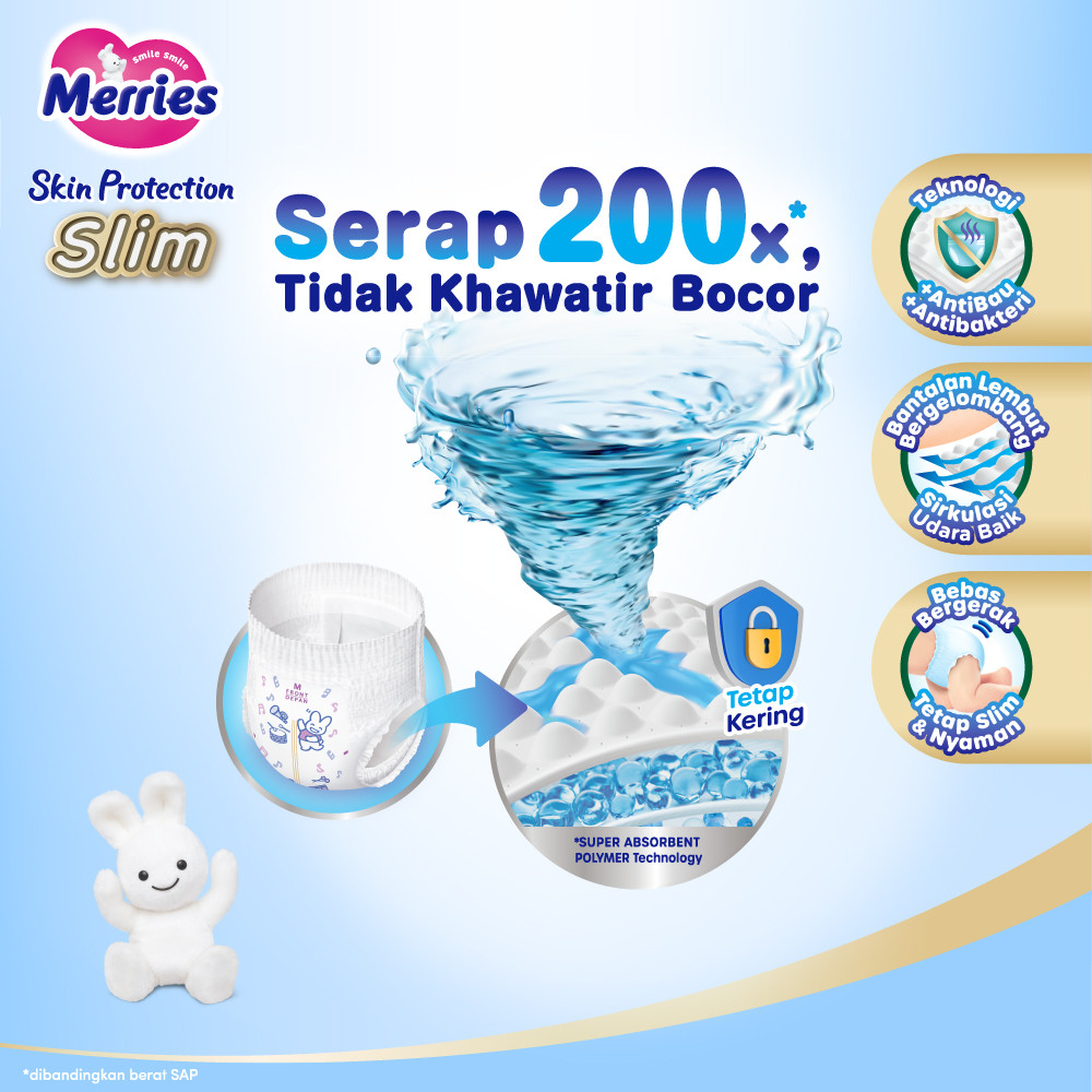 Merries Skin Protection Slim Pants Popok Bayi Diapers Ergoslim M (7-12kg) Pads / Isi 52 Twinpack - Gambar 3