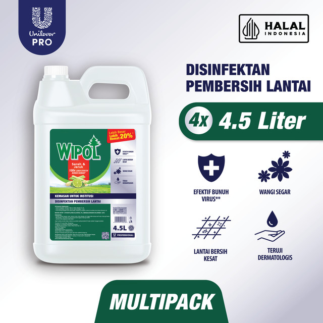 Wipol Professional Disinfektan BKC Pembersih Lantai Sereh Jeruk 4.5 L Jerigen x4