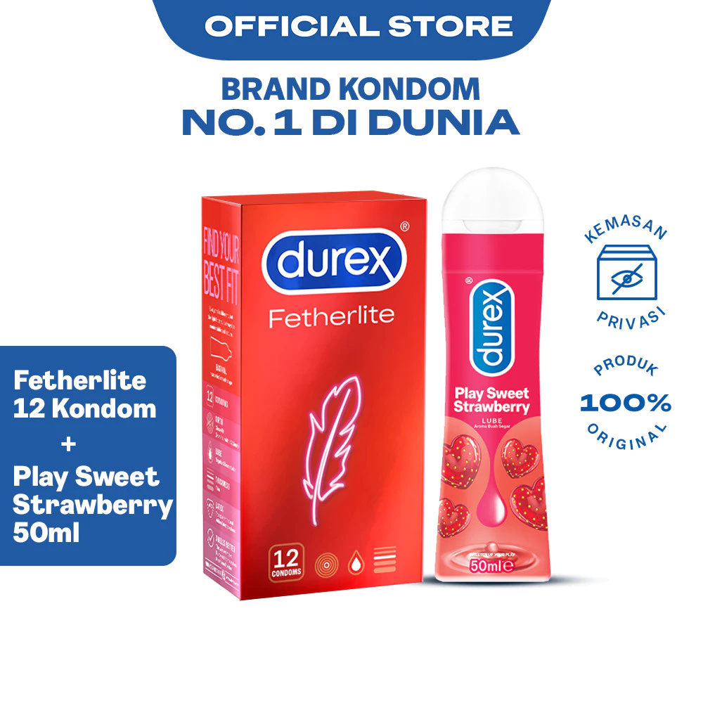 Durex Lube Play Sweet Strawberry Lubricant 50ml + Durex Fetherlite 12s - Kondom Tipis dan Lubrikan Bersensasi & Aroma