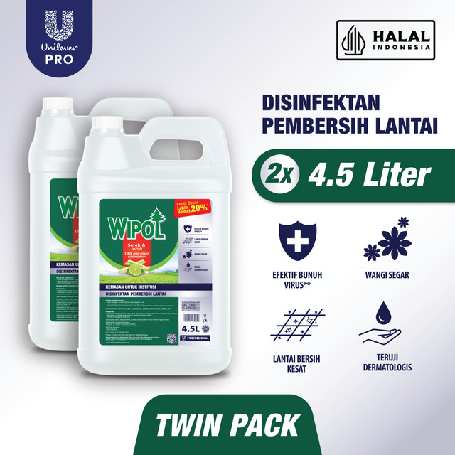Wipol Professional Disinfektan BKC Pembersih Lantai Sereh Jeruk 4.5 L Jerigen x2