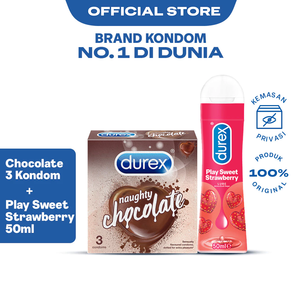 Durex Naughty Chocolate 3s + Lube Play Sweet Strawberry 50ml - Kondom dan Lubrikan Bersensasi & Aroma