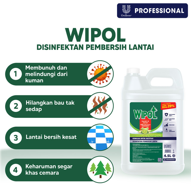 Wipol Professional Disinfektan BKC Pembersih Lantai Sereh Jeruk 4.5 L Jerigen x4 - Gambar 3