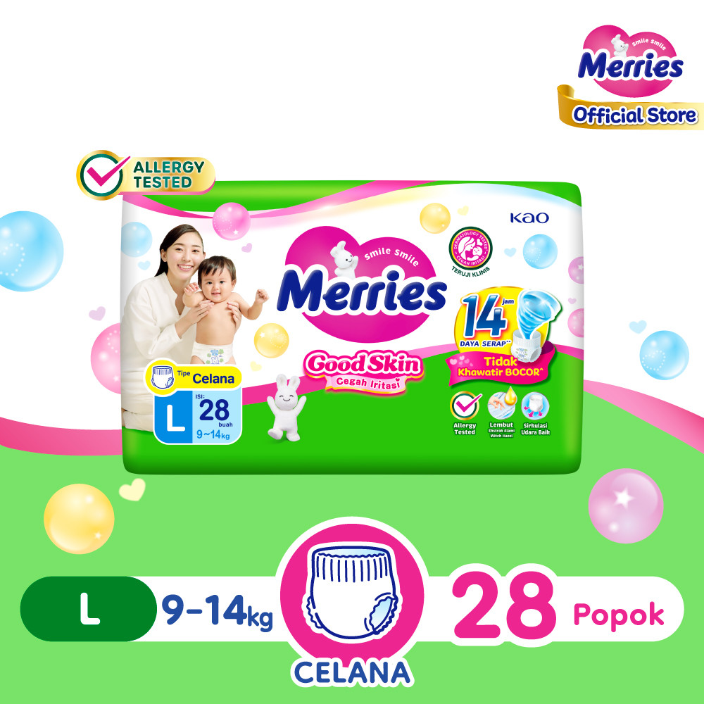Merries Good Skin Pants Popok Perlengkapan Bayi L(9 - 14)kg Kurangi Risiko Alergi Pada Kulit Bayi Isi 28 Buah