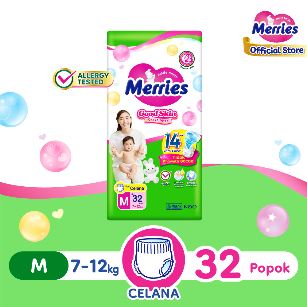 Merries Good Skin Pants Popok Perlengkapan Bayi M(7 - 12)kg Kurangi Risiko Alergi Pada Kulit Bayi Isi 32 Buah
