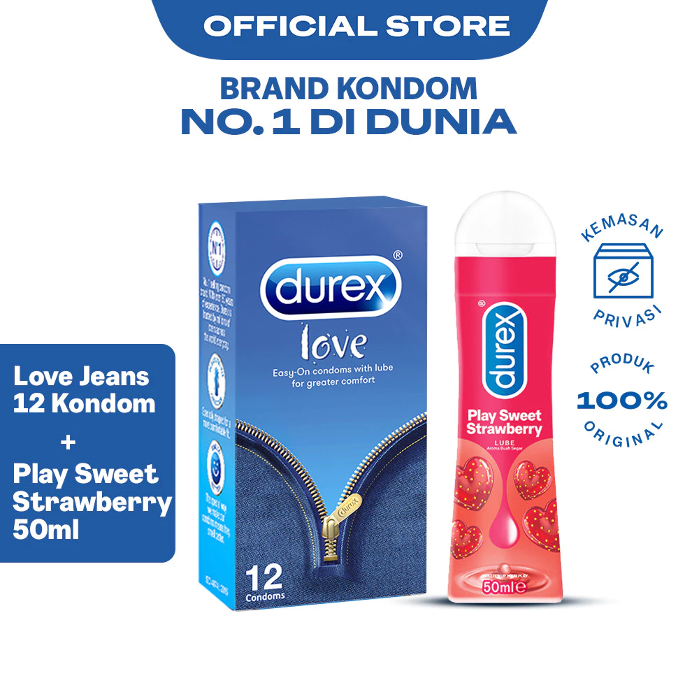 Durex Lube Play Sweet Strawberry Lubricant 50ml + Durex Love Jeans 12s - Kondom Aman dan Lubrikan Bersensasi & Aroma