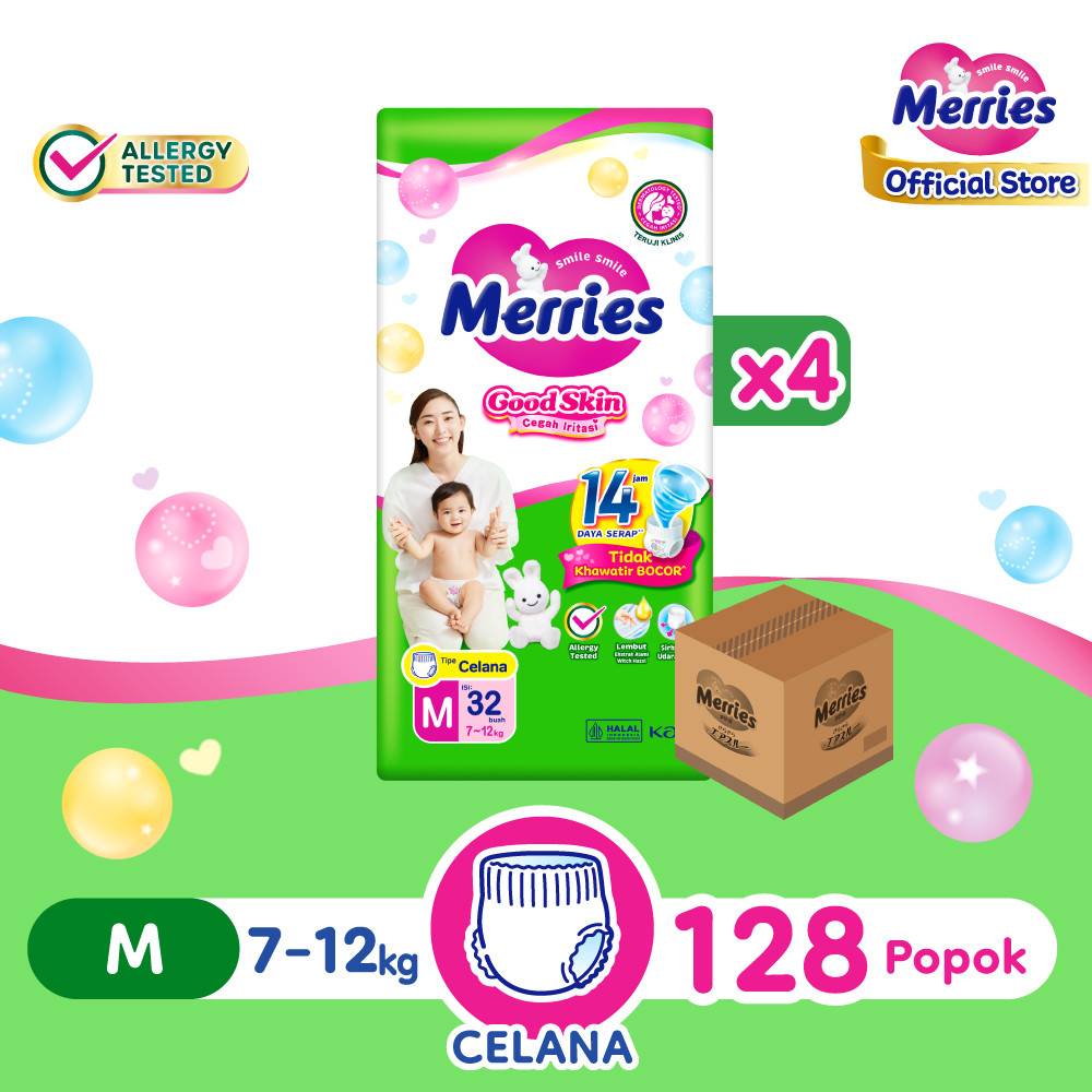 Merries Good Skin Pants Popok Perlengkapan Bayi M(7 - 12)kg Kurangi Risiko Alergi Pada Kulit Bayi Isi 32 Buah Carton