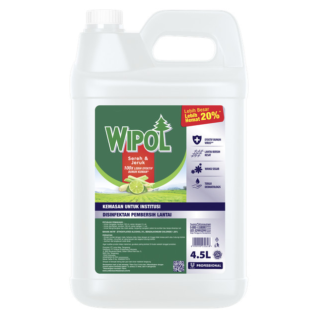Wipol Professional Disinfektan BKC Pembersih Lantai Sereh Jeruk 4.5 L Jerigen x4 - Gambar 2