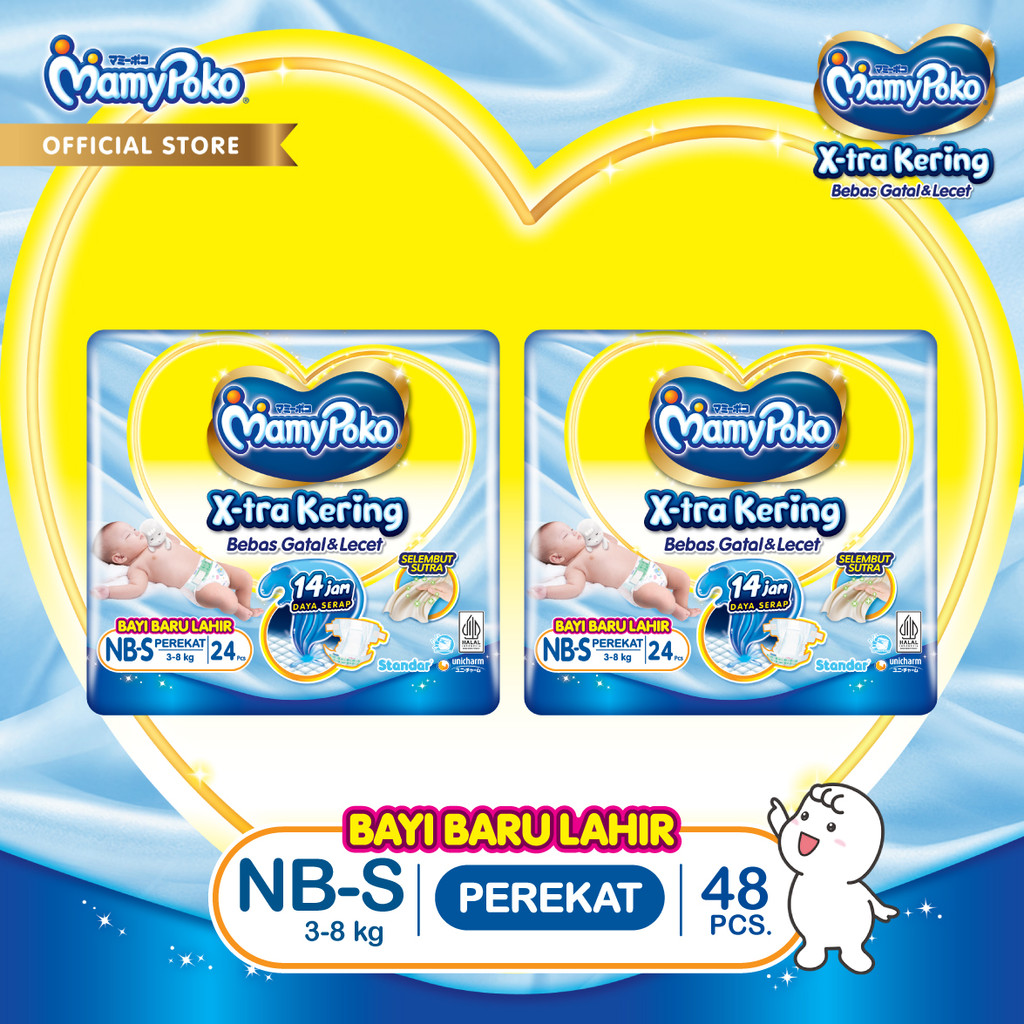 MamyPoko X-tra Kering - NB-S 24 - Popok Perekat Newborn Bayi Baru Lahir- 2 Packs