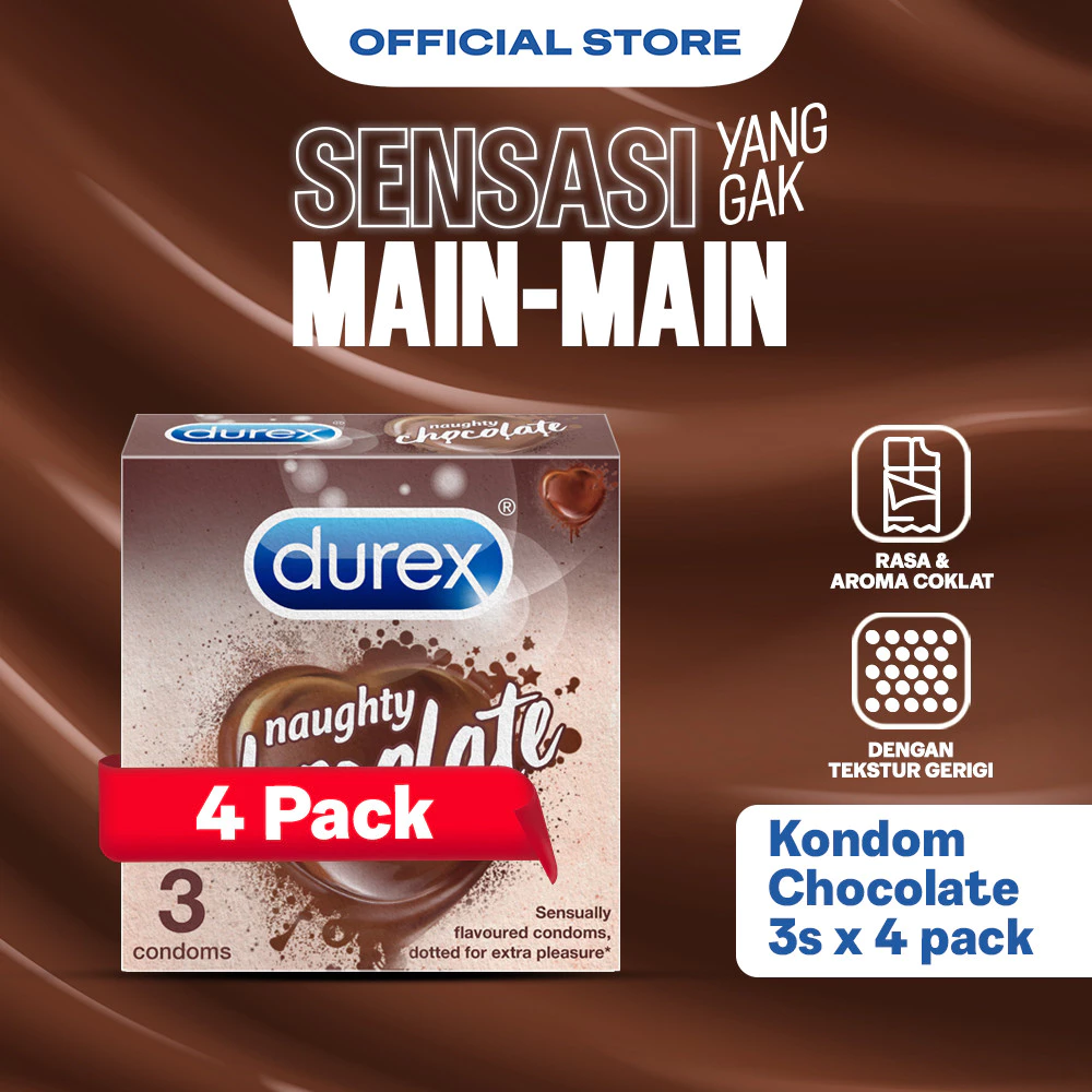 Durex Naughty Chocolate - 3s (4 pcs) (Kondom Pria Gerigi Dengan Rasa & Aroma Coklat, Untuk Sensasi Main Lebih Menyenangkan. Alat Kontrasepsi)