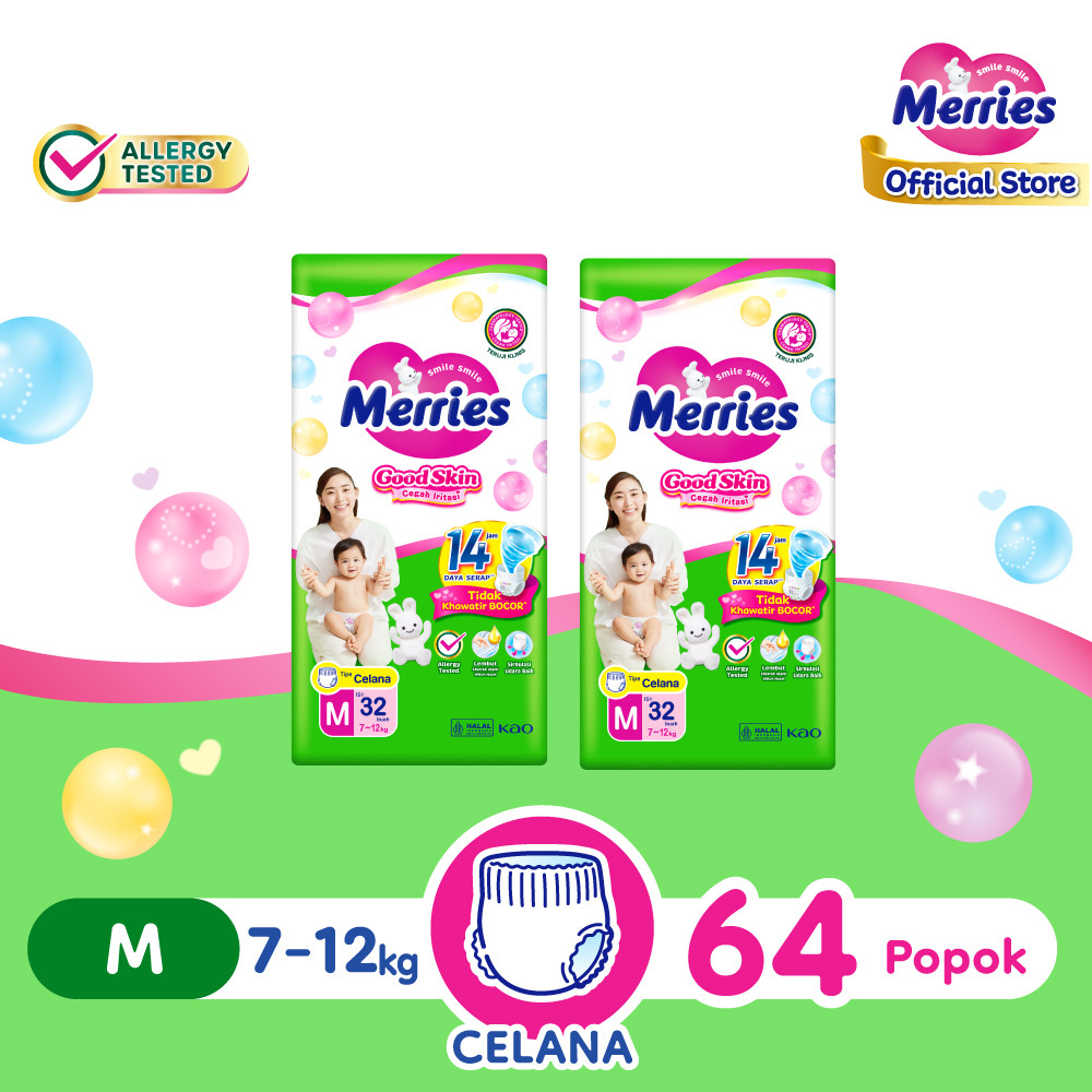 Merries Good Skin Pants Popok Perlengkapan Bayi M(7 - 12)kg Kurangi Risiko Alergi Pada Kulit Bayi Isi 32 Buah Twin Pack