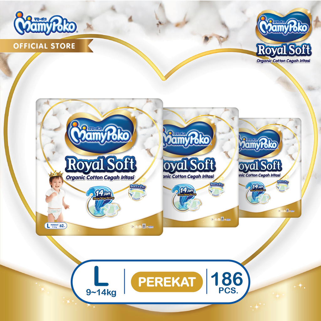 MamyPoko Royal Soft Organic Cotton - L 62 - Popok Tape - 3 Packs