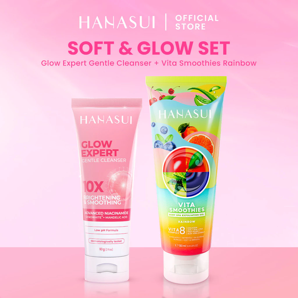Hanasui Soft & Glow Set (Glow Expert Gentle Cleanser + Vita Smoothies) - Mencerahkan & Mengurangi Kusam Menjaga Kelembapan Dan Mengangkat Sel Kulit Mati
