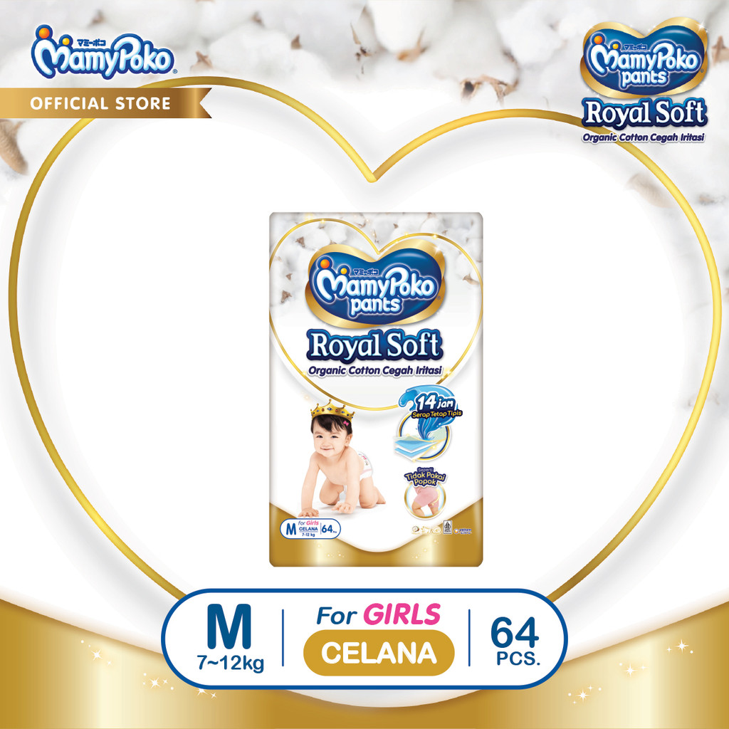 MamyPoko Pants Royal Soft Organic Cotton - M 64 - Girls - Popok Celana