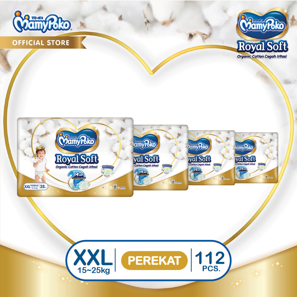 MamyPoko Royal Soft Organic Cotton - XXL 28 - Popok Tape - 4 Packs