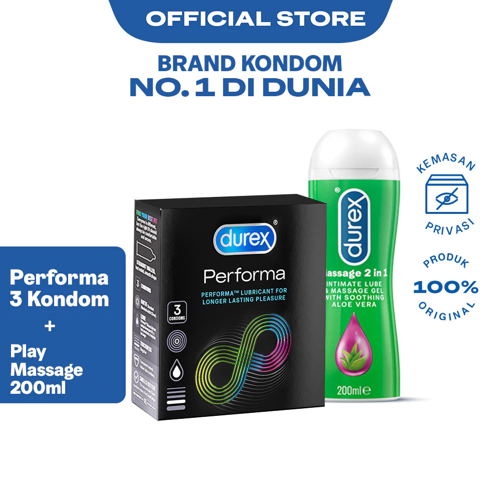 Durex Performa 3s + Lube Play Massage 200ml - Kondom Tahan Lama Pria dan Lubrikan Bersensasi