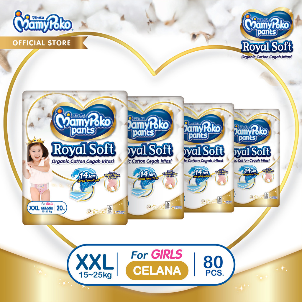 MamyPoko Pants Royal Soft Organic Cotton - XXL 20 -Girls- Karton isi 4